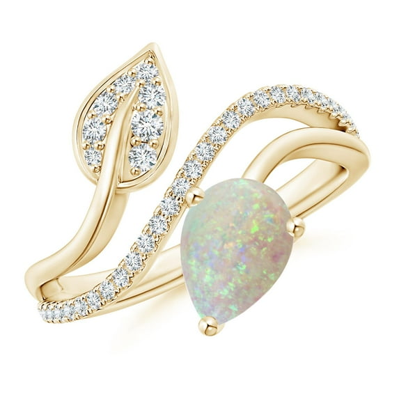 ANGARA Natural Opal and Diamond Bypass Ring with Leaf Motif in 14K Yellow Gold for Women (Size-8x6mm) | October Birthstone, Birthday, Anniversary, Jewelry Gift for Women | Natural Opal Ring
