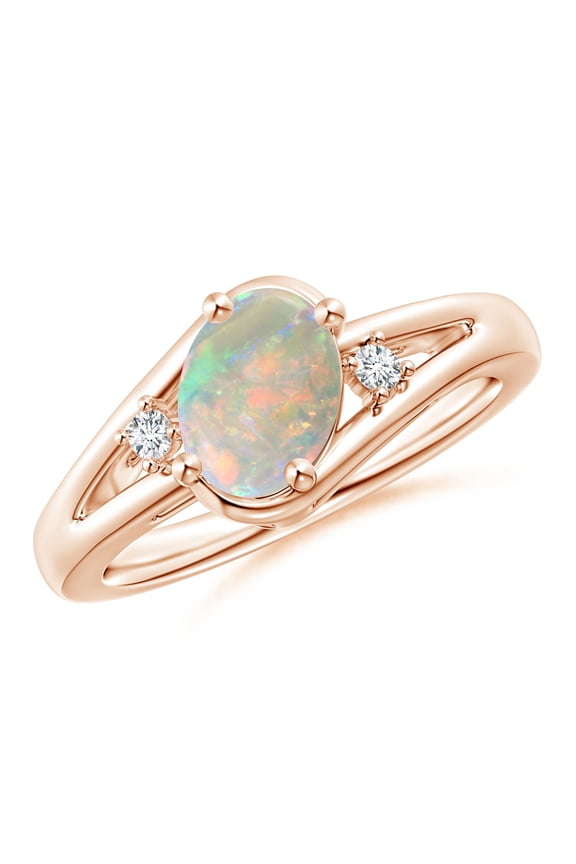 Natural Opal Ring - Prong-Set Opal and Diamond Split Shank Ring for Women | October Birthstone Jewelry | 14K Rose Gold Opal Ring (Ring Size = 12.5)