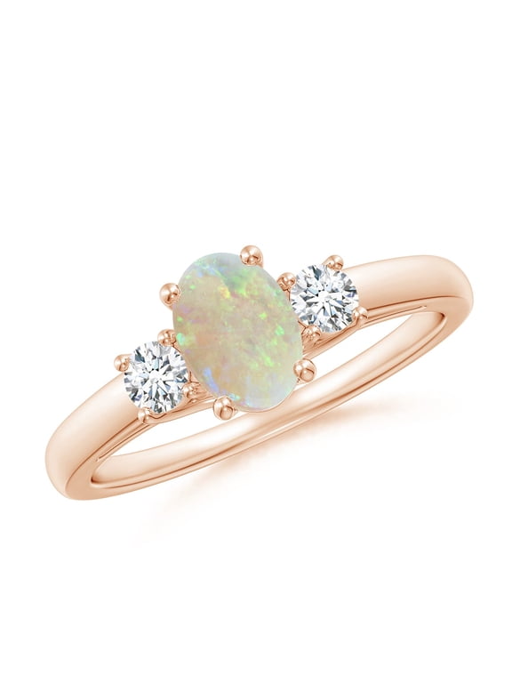 Natural Opal Ring for Women - Oval Shaped Opal Three Stone Ring in 14K Rose Gold | Main Stone Size - 7x5mm | Ring Size - 7.5