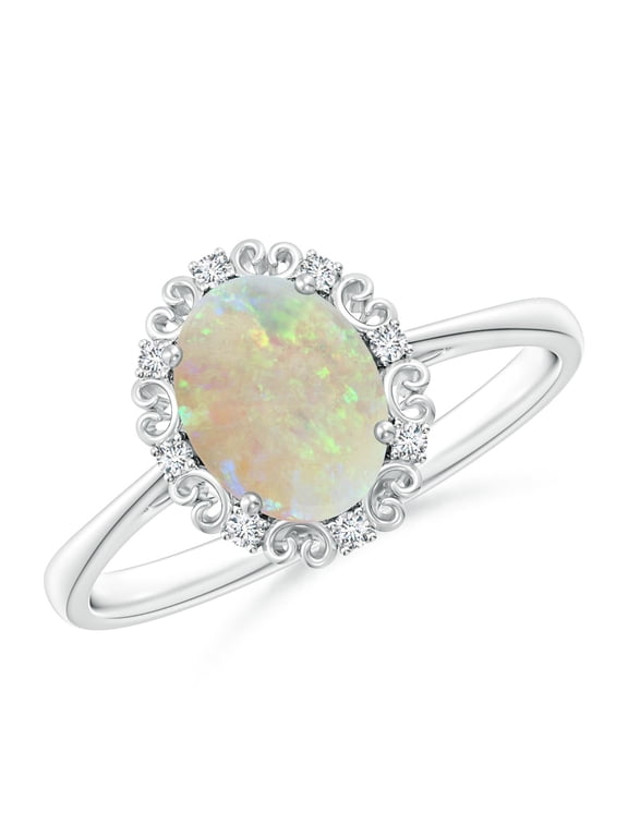 Natural Opal Ring for Women - Vintage Style Oval Opal and Diamond Ring in Sterling Silver | Main Stone Size - 8x6mm | Ring Size - 9.5