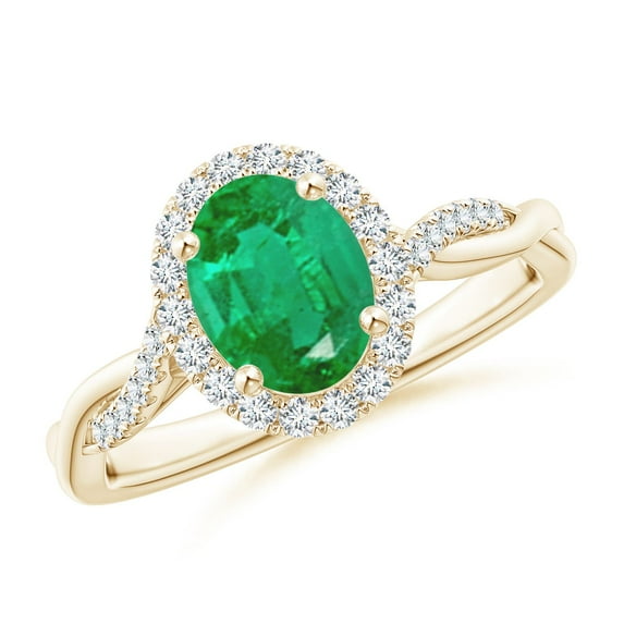 ANGARA Natural Oval 1.1 ct Emerald Halo Twisted Vine Ring in 14K Yellow Gold for Women (Size-8x6mm) | May Birthstone, Birthday, Anniversary, Jewelry Gift for Women | Natural Emerald Ring