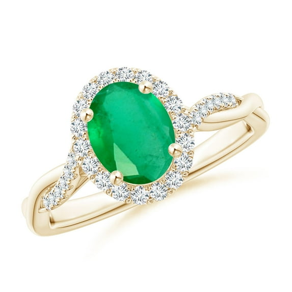 ANGARA Natural Oval 1.1 ct Emerald Halo Twisted Vine Ring in 14K Yellow Gold for Women (Size-8x6mm) | May Birthstone, Birthday, Anniversary, Jewelry Gift for Women | Natural Emerald Ring