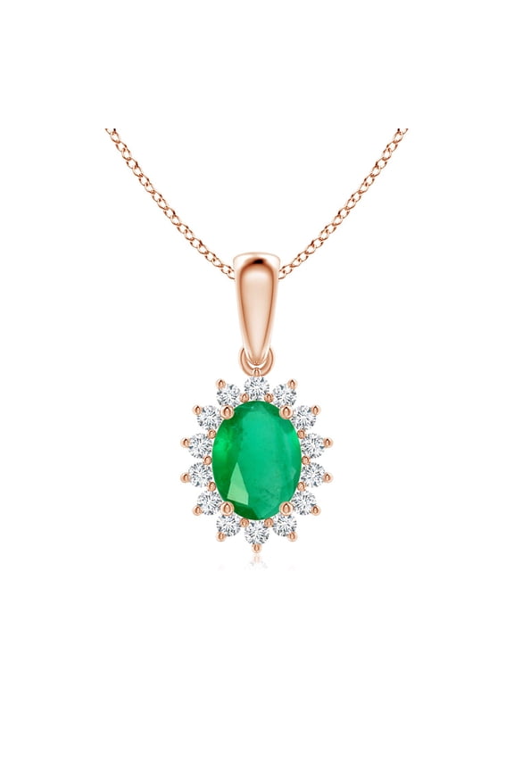 Natural Oval 1.1 ct Emerald Pendant with Floral Diamond Halo in 14K Rose Gold for Women (Size-8x6mm) | May Birthstone, Birthday, Anniversary, Jewelry Gift for Women | Natural Emerald Necklace