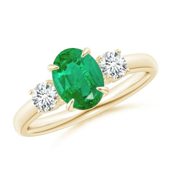 ANGARA Lab Grown Oval Emerald and Round Diamond Three Stone Ring for Women in 14K Yellow Gold (Size-8x6mm) | May Birthstone Jewelry for Her | Lab-Grown Emerald Engagement Ring