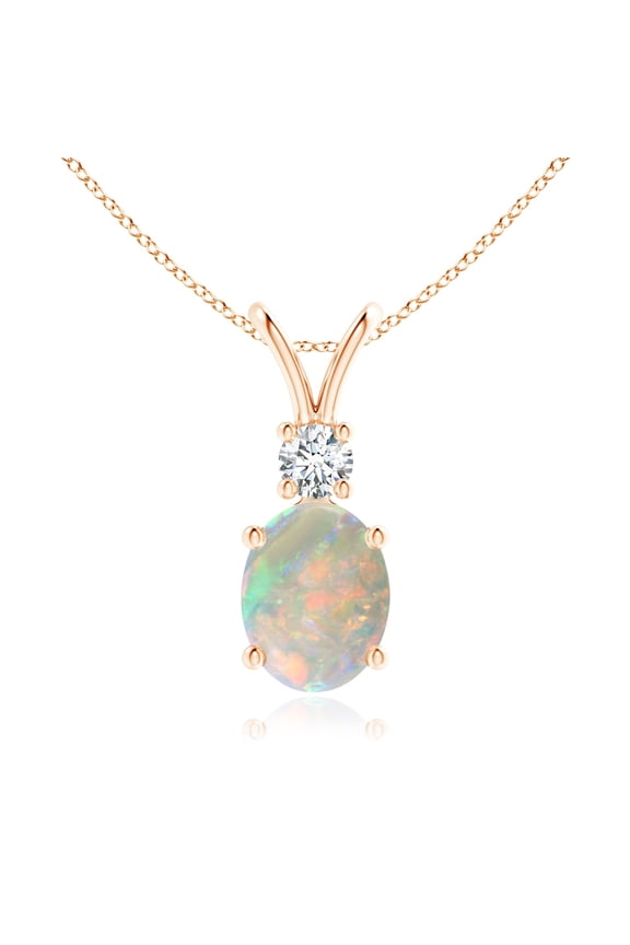 Natural Oval 1.1 ct Opal V-Bale Pendant with Diamond Accent in 14K Rose Gold for Women (Size-9x7mm) | October Birthstone, Birthday, Anniversary, Jewelry Gift for Women | Natural Opal Necklace