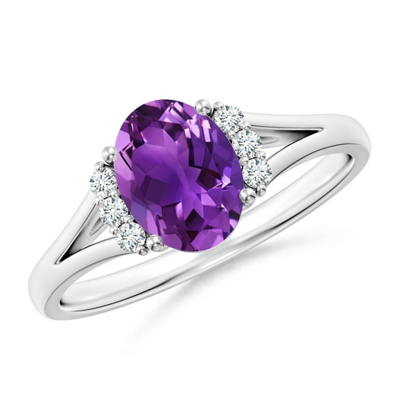 ANGARA Natural Oval 1.15 ct Amethyst with Diamond Collar Solitaire Ring in 14K White Gold for Women (Size-8x6mm) | February Birthstone, Anniversary, Jewelry Gift for Women | Natural Amethyst Ring