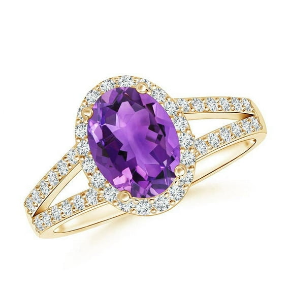 ANGARA Natural Oval 1.15 ct Amethyst Split Shank Halo Ring in 14K Yellow Gold for Women (Size-8x6mm) | February Birthstone, Birthday, Anniversary, Jewelry Gift for Women | Natural Amethyst Ring