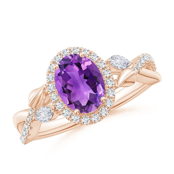 ANGARA Natural Oval 1.15 ct Amethyst Twisted Vine Ring with Diamond Halo in 14K Rose Gold for Women (Size-8x6mm) | February Birthstone, Anniversary, Jewelry Gift for Women | Natural Amethyst Ring