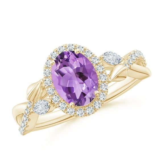 ANGARA Natural Oval 1.15 ct Amethyst Twisted Vine Ring with Diamond Halo in 14K Yellow Gold for Women (Size-8x6mm) | February Birthstone, Anniversary, Jewelry Gift for Women | Natural Amethyst Ring