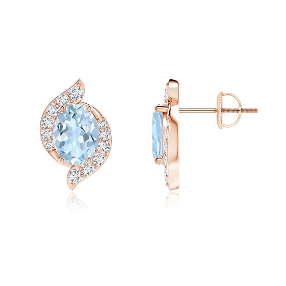 ANGARA Natural Oval 1.2 ct Aquamarine and Diamond Swirl Stud Earrings in 14K Rose Gold for Women (Size-7x5mm) | March Birthstone, Anniversary, Jewelry Gift for Women | Natural Aquamarine Earrings