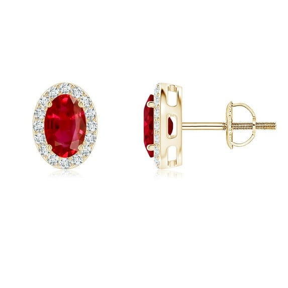 ANGARA Natural Oval 1.2 ct Ruby Studs with Diamond Halo in 14K Yellow Gold for Women (Size-6x4mm) | July Birthstone, Birthday, Anniversary, Jewelry Gift for Women | Natural Ruby Earrings