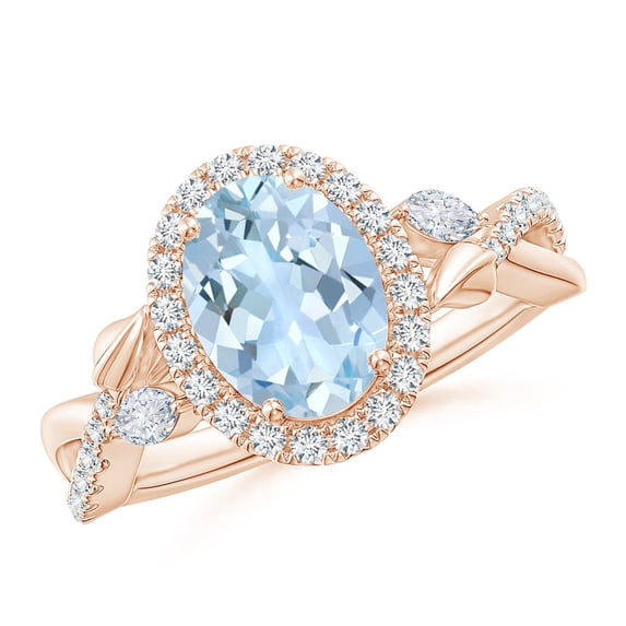 ANGARA Natural Oval 1.5 ct Aquamarine Twisted Vine Ring with Diamond Halo in 14K Rose Gold for Women (Size-9x7mm) | March Birthstone, Anniversary, Jewelry Gift for Women | Natural Aquamarine Ring