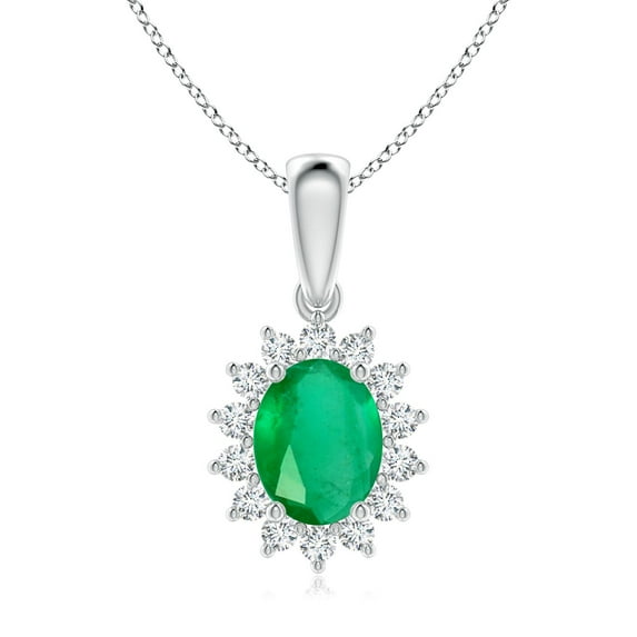 ANGARA Natural Oval 1.5 ct Emerald Pendant with Floral Diamond Halo in 14K White Gold for Women (Size-9x7mm) | May Birthstone, Birthday, Anniversary, Jewelry Gift for Women | Natural Emerald Necklace