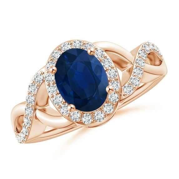 ANGARA Natural Oval 1.55 ct Blue Sapphire Crossover Ring with Diamond Halo in 14K Rose Gold for Women (Size-8x6mm) | September Birthstone, Anniversary, Jewelry Gift for Women | Natural Sapphire Ring