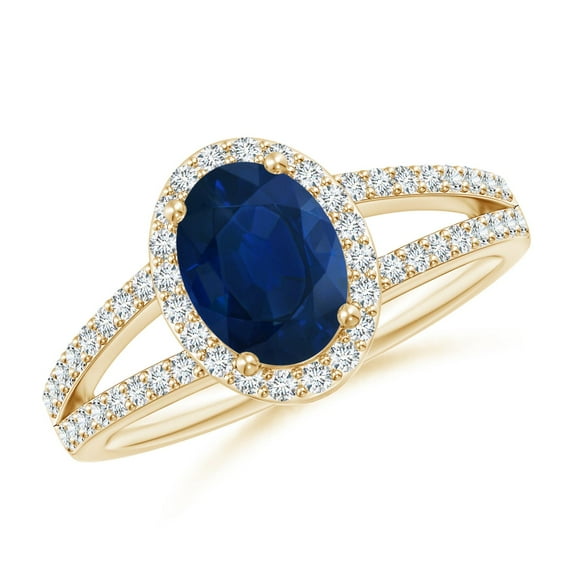 ANGARA Natural Oval 1.55 ct Blue Sapphire Split Shank Halo Ring in 14K Yellow Gold for Women (Size-8x6mm) | September Birthstone, Anniversary, Jewelry Gift for Women | Natural Blue Sapphire Ring