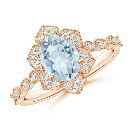ANGARA Natural Oval 1 ct Aquamarine Trillium Floral Shank Ring in 14K Rose Gold for Women (Size-8x6mm) | March Birthstone, Birthday, Anniversary, Jewelry Gift for Women | Natural Aquamarine Ring