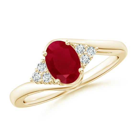 ANGARA Natural Oval 1 ct Ruby Bypass Ring with Trio Diamond Accents in 14K Yellow Gold for Women (Size-7x5mm) | July Birthstone, Birthday, Anniversary, Jewelry Gift for Women | Natural Ruby Ring
