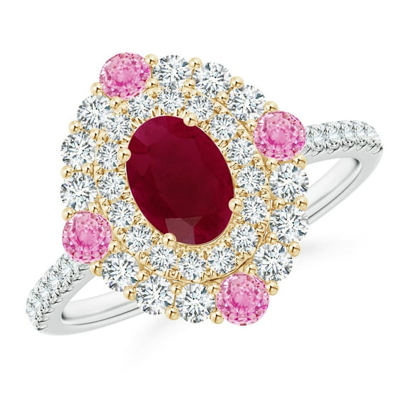 ANGARA Natural Oval 1 ct Ruby Double Halo Two Tone Ring with Pink Sapphire in 14K White & Yellow Gold for Women (Size-7x5mm) | July Birthstone, Anniversary, Jewelry Gift for Women | Natural Ruby Ring