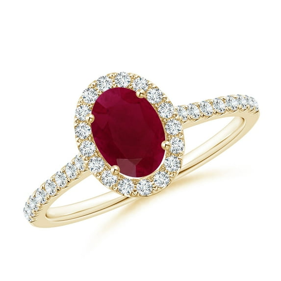 ANGARA Natural Oval 1 ct Ruby Halo Ring with Diamond Accents in 14K Yellow Gold for Women (Size-7x5mm) | July Birthstone Jewelry for Her