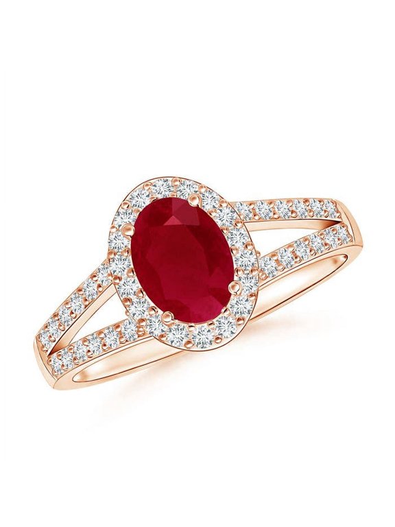 Natural Oval 1 ct Ruby Split Shank Halo Engagement Ring in 14K Rose Gold for Women (Size-7x5mm) | July Birthstone, Birthday, Anniversary, Jewelry Gift for Women | Natural Ruby Ring
