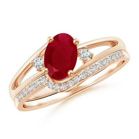 ANGARA Natural Oval 1 ct Ruby and Diamond Bridal Set in 14K Rose Gold for Women (Size-7x5mm) | July Birthstone Jewelry for Her | Natural Ruby Rings