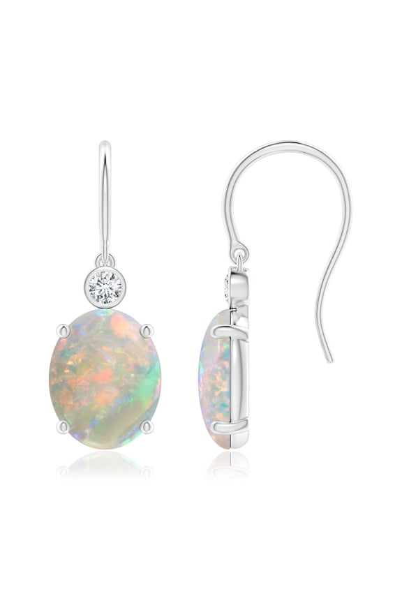 Natural Oval 2.9 ct Opal Fish Hook Earrings with Bezel-Set Diamonds in Platinum for Women (Size-10x8mm) | October Birthstone, Anniversary, Jewelry Gift for Women | Natural Opal Earrings