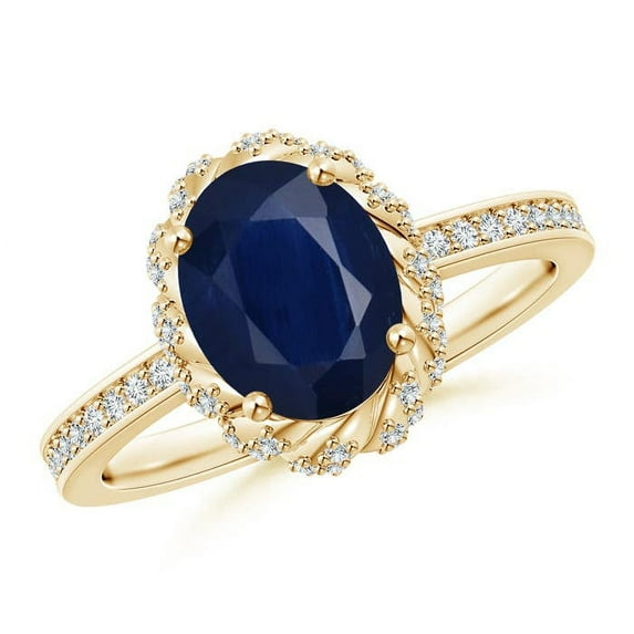 ANGARA Natural Oval 2 ct Blue Sapphire and Diamond Halo Ring in 14K Yellow Gold for Women (Size-9x7mm) | September Birthstone, Anniversary, Jewelry Gift for Women | Natural Blue Sapphire Ring