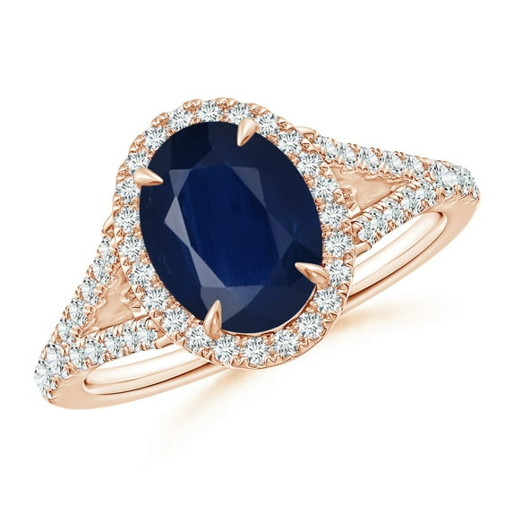 ANGARA Natural Oval 2 ct Blue Sapphire Split Shank Halo Ring in 14K Rose Gold for Women (Size-9x7mm) | September Birthstone, Birthday, Anniversary, Jewelry Gift for Women | Natural Blue Sapphire Ring