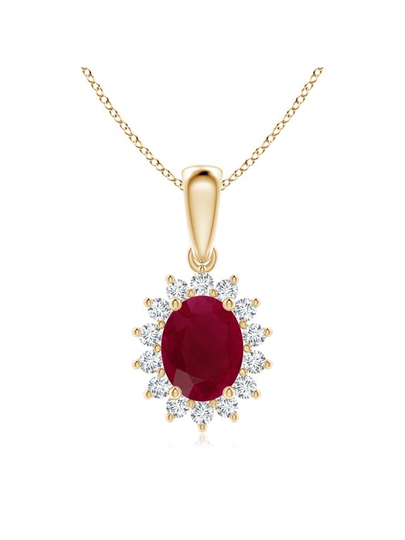 Natural 2 ct Ruby Pendant Necklace for Women in 14K Yellow Gold – July Birthstone Jewelry | Oval Ruby Pendant with Floral Diamond Halo