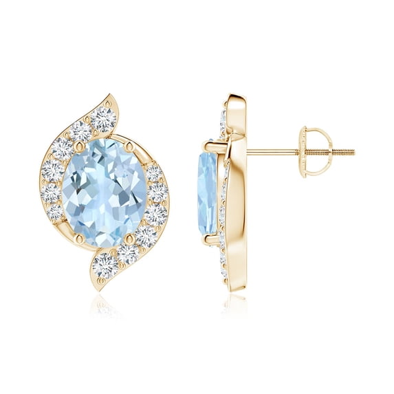 ANGARA Natural Oval 3 ct Aquamarine and Diamond Swirl Stud Earrings in 14K Yellow Gold for Women (Size-9x7mm) | March Birthstone, Anniversary, Jewelry Gift for Women | Natural Aquamarine Earrings