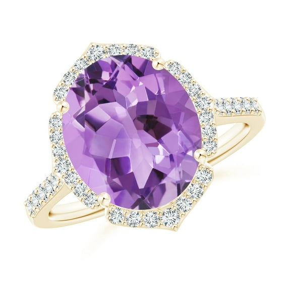 ANGARA Natural Oval 4.3 ct Amethyst Ring with Ornate Halo in 14K Yellow Gold for Women (Size-12x10mm) | February Birthstone, Birthday, Anniversary, Jewelry Gift for Women | Natural Amethyst Ring