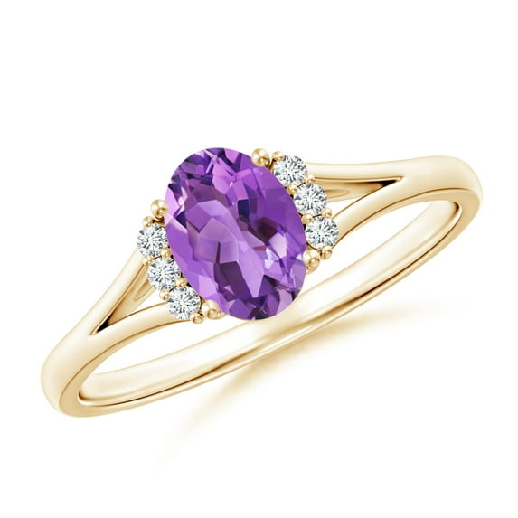 ANGARA Natural Oval Amethyst with Diamond Collar Solitaire Ring in 14K Yellow Gold for Women (Size-7x5mm) | February Birthstone, Birthday, Anniversary, Jewelry Gift for Women | Natural Amethyst Ring