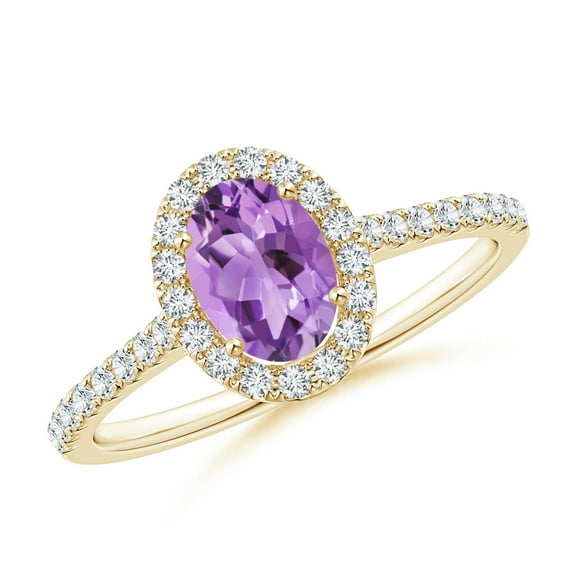 ANGARA Natural Oval Amethyst Halo Ring with Diamond Accents in 14K Yellow Gold for Women (Size-7x5mm) | February Birthstone, Birthday, Anniversary, Jewelry Gift for Women | Natural Amethyst Ring