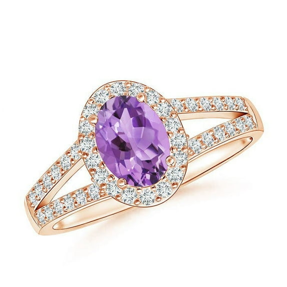 ANGARA Natural Oval Amethyst Split Shank Halo Ring in 14K Rose Gold for Women (Size-7x5mm) | February Birthstone, Birthday, Anniversary, Jewelry Gift for Women | Natural Amethyst Ring