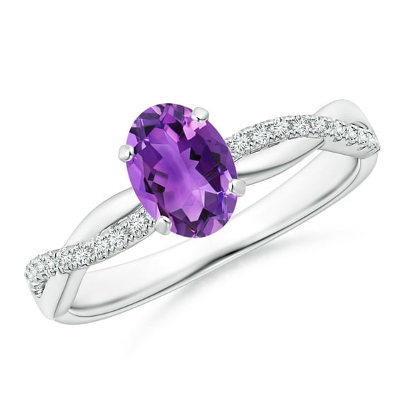 ANGARA Natural Oval Amethyst Twist Shank Ring with Diamonds in 14K White Gold for Women (Size-7x5mm) | February Birthstone, Birthday, Anniversary, Jewelry Gift for Women | Natural Amethyst Ring