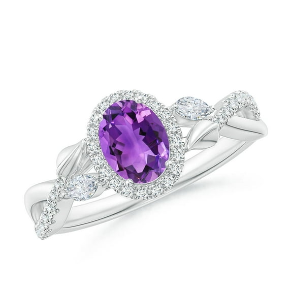 ANGARA Natural Oval Amethyst Twisted Vine Ring with Diamond Halo in 14K White Gold for Women (Size-7x5mm) | February Birthstone, Birthday, Anniversary, Jewelry Gift for Women | Natural Amethyst Ring