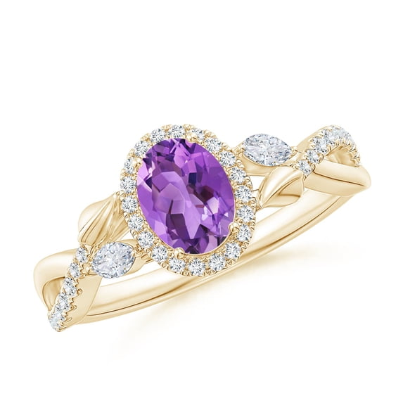 ANGARA Natural Oval Amethyst Twisted Vine Ring with Diamond Halo in 14K Yellow Gold for Women (Size-7x5mm) | February Birthstone, Birthday, Anniversary, Jewelry Gift for Women | Natural Amethyst Ring