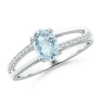 ANGARA Natural Oval Aquamarine Split Shank Ring with Diamond Accents in 14K White Gold for Women (Size-7x5mm) | March Birthstone, Anniversary, Jewelry Gift for Women | Natural Aquamarine Ring
