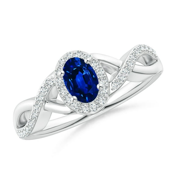 ANGARA Natural Oval Blue Sapphire Crossover Ring with Diamond Halo in 14K White Gold for Women (Size-6x4mm) | September Birthstone, Anniversary, Jewelry Gift for Women | Natural Blue Sapphire Ring