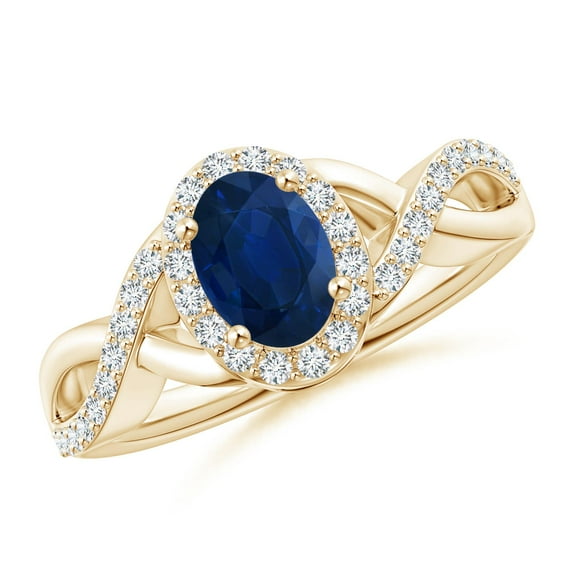 ANGARA Natural Oval Blue Sapphire Crossover Ring with Diamond Halo in 14K Yellow Gold for Women (Size-7x5mm) | September Birthstone, Anniversary, Jewelry Gift for Women | Natural Blue Sapphire Ring