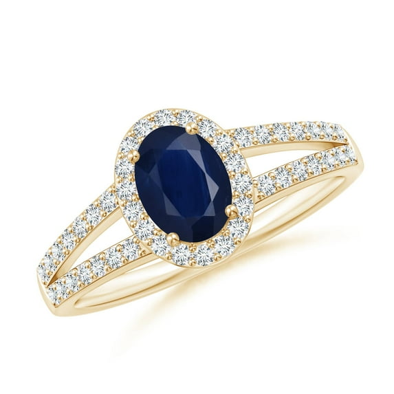 ANGARA Natural Oval Blue Sapphire Split Shank Halo Ring in 14K Yellow Gold for Women (Size-7x5mm) | September Birthstone, Birthday, Anniversary, Jewelry Gift for Women | Natural Blue Sapphire Ring