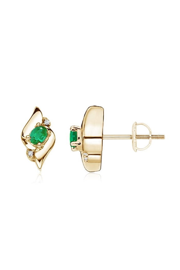 Natural Oval Emerald and Diamond Shell Stud Earrings in 14K Yellow Gold for Women (Size-4x3mm) | May Birthstone, Birthday, Anniversary, Jewelry Gift for Women | Natural Emerald Earrings