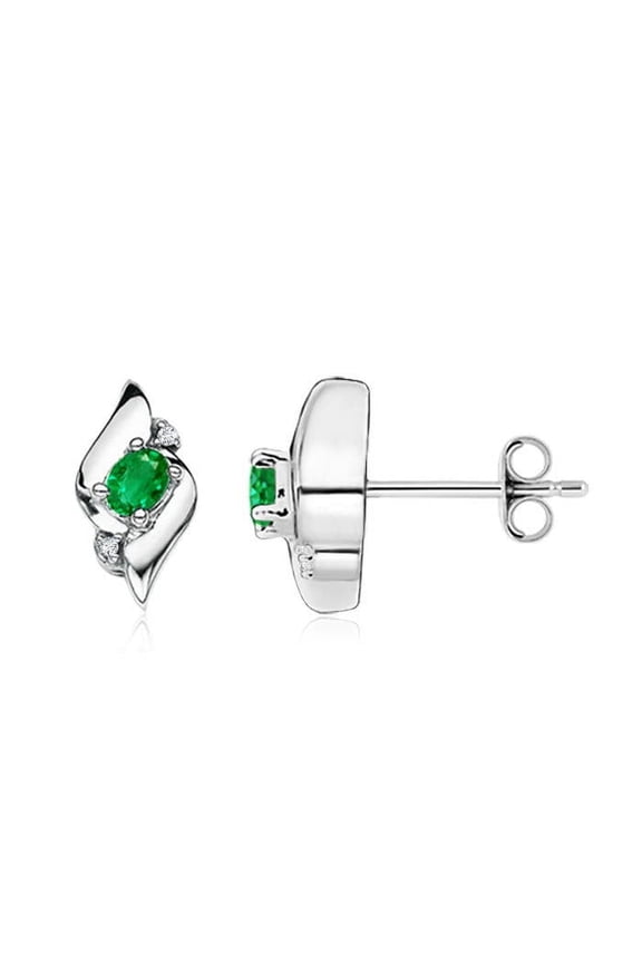 Natural Oval Emerald and Diamond Shell Stud Earrings in 925 Sterling Silver for Women (Size-4x3mm) | May Birthstone, Birthday, Anniversary, Jewelry Gift for Women | Natural Emerald Earrings