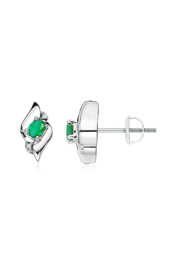 Natural Oval Emerald and Diamond Shell Stud Earrings in Platinum for Women (Size-4x3mm) | May Birthstone, Birthday, Anniversary, Jewelry Gift for Women | Natural Emerald Earrings