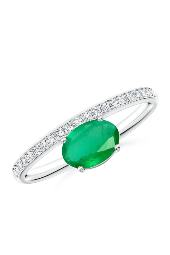 Natural Oval Emerald Off-Centered Solitaire Ring With Diamonds in 925 Sterling Silver for Women (Size-7x5mm) | May Birthstone, Anniversary, Jewelry Gift for Women | Natural Emerald Ring