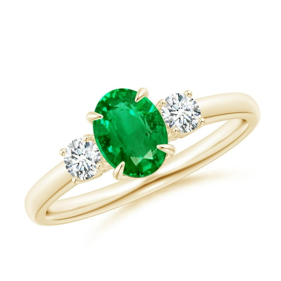 ANGARA Natural Oval Emerald and Round Diamond Three Stone Ring in 14K Yellow Gold for Women (Size-7x5mm) | May Birthstone, Birthday, Anniversary, Jewelry Gift for Women | Natural Emerald Ring