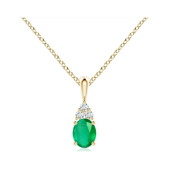 ANGARA Natural Oval Emerald Solitaire Pendant with Trio Diamond in 14K Yellow Gold for Women (Size-5x4mm) | May Birthstone, Birthday, Anniversary, Jewelry Gift for Women | Natural Emerald Necklace