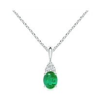 ANGARA Natural Oval Emerald Solitaire Pendant with Trio Diamond in 925 Sterling Silver for Women (Size-5x4mm) | May Birthstone, Anniversary, Jewelry Gift for Women | Natural Emerald Necklace