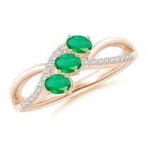 ANGARA Natural Oval Emerald Three Stone Bypass Ring with Diamonds in 14K Rose Gold for Women (Size-4x3mm) | May Birthstone, Birthday, Anniversary, Jewelry Gift for Women | Natural Emerald Ring