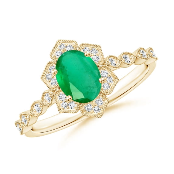 ANGARA Natural Oval Emerald Trillium Floral Shank Ring in 14K Yellow Gold for Women (Size-7x5mm) | May Birthstone, Birthday, Anniversary, Jewelry Gift for Women | Natural Emerald Ring